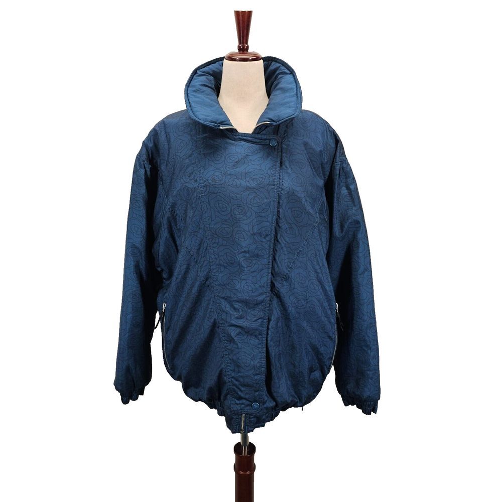 VTG EDELWEISS Women's Navy Blue Ski Snowboard‎ Jacket Floral Snap Button Large